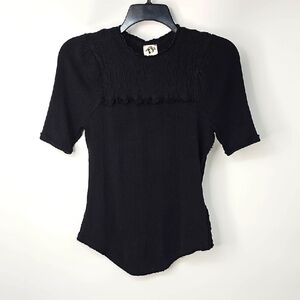 We The Free Black Crew Neck Smocked Textured Top w Unfinished Trim Detail Sz: L